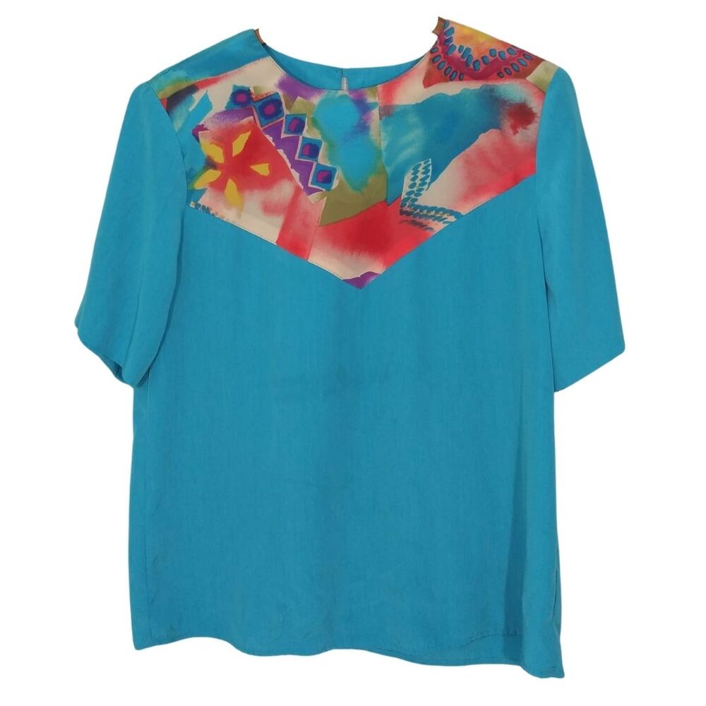 Vintage City Girl Blue Colorful Abstract Print Short Sleeve Grandma Vibes Blouse